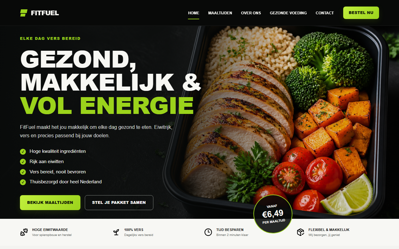 Homepage van de FitFuel-conceptwebsite